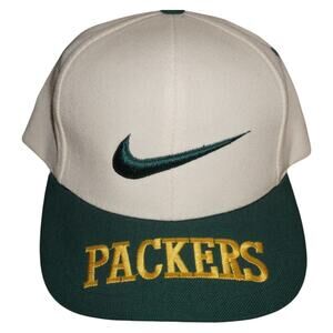 RARE Vtg 90s Nike Green Bay Packers Snapback Hat White Green Big Swoosh Logo